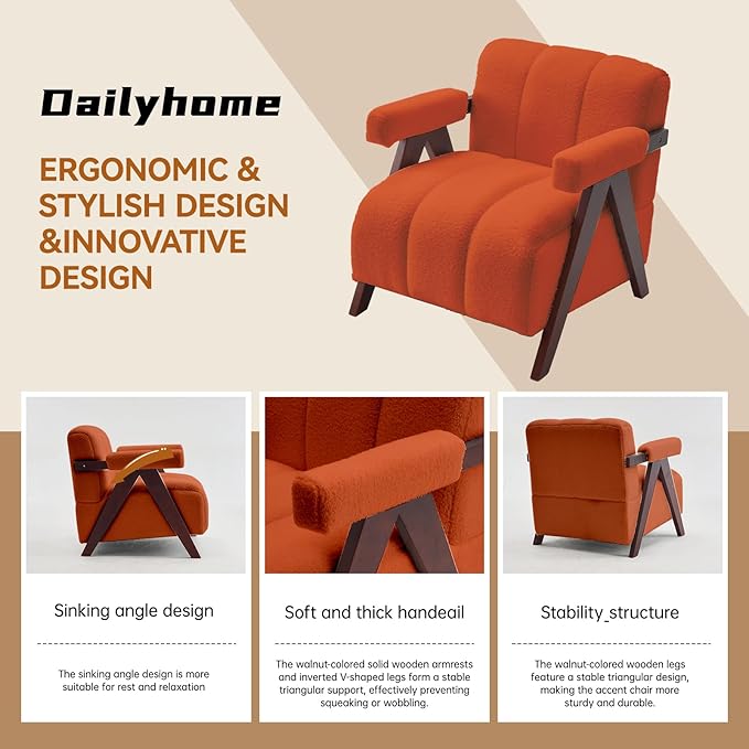 Accent Chair Mid-Century Modern with Wide Backrest for Bedroom Upholstered Living Room Chair with Wooden Lounge Armchair with Thick Cushion Cute Teddy Comfy Chair Orange