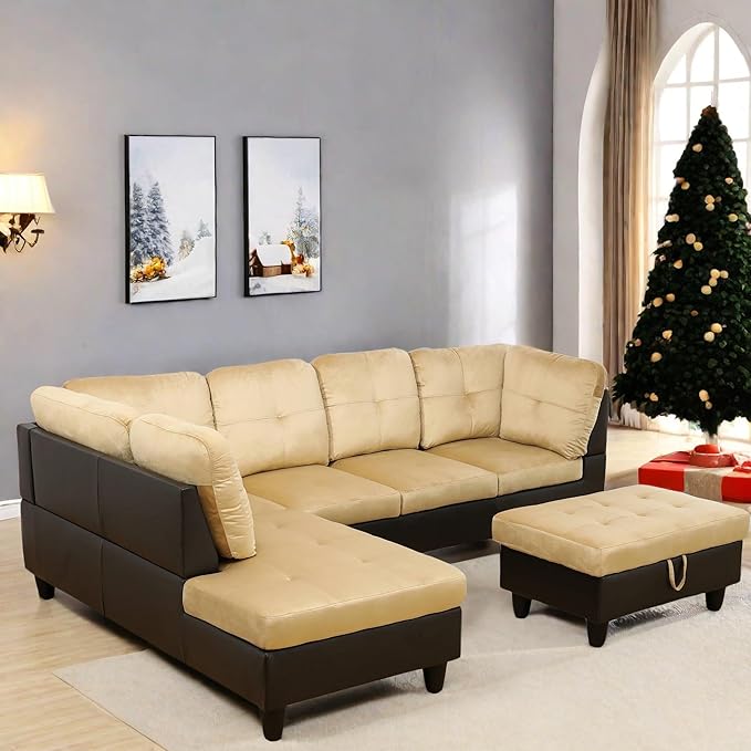 FONTOI L Shaped Sectional Couch with Otttoman 103 Sectional Sofa for Living Room Flannel Modular Couches with Cup Holders for Bedroom Apartments Beige &ampBrown