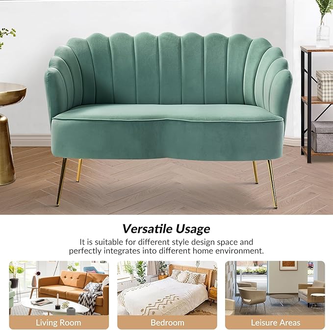Velvet Upholstered Loveseat Sofa with Gold Metal Legs Modern Comfy Small Love Seat with Flower Shaped Back 2-Seater Sofa Accent Couch for Living Bedroom Leisure Areas