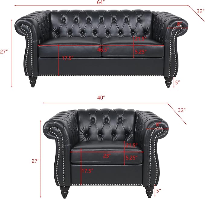 RARZOE 2 Pieces of Living Room Furniture Sofa SetsModern Contemporary Tufted Button Faux Leather Accent Club Chair&ampChesterfield Loveseat Sofas Set with Nailhead Trim Scroll Arms for HomeBlack