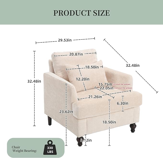 Modern Accent Chair Living Room Upholstered Chenille Armchair with Waist Pillow Single Sofa for Living Room Bedroom Office Beige