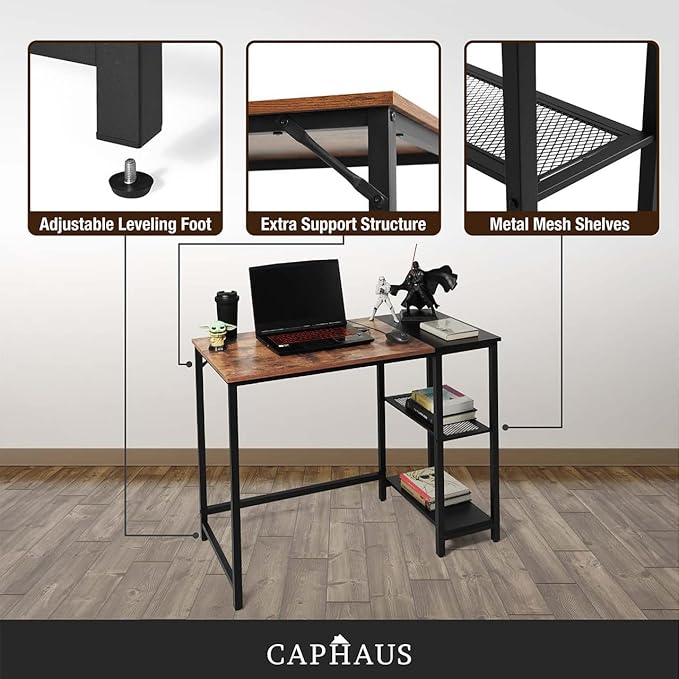 CAPHAUS 40 Inch Computer Desk with 2-Tier Storage Shelves for Home Office &amp Gaming Small Spaces Desk for Bedroom/Office Easy Assemble P2 Board &amp Steel Legs Rustic Oak &amp Black (220 lbs