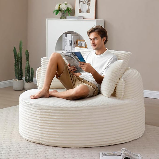 53W Oversized Round Chaise Longue Chair IndoorCorduroy Fluffy Comfy Cloud ChairCircle Bean Bag Sofa with Foam Filling &amp PillowsBoneless Reading Cozy Sofa Chairs for Living RoomBedroomWhite