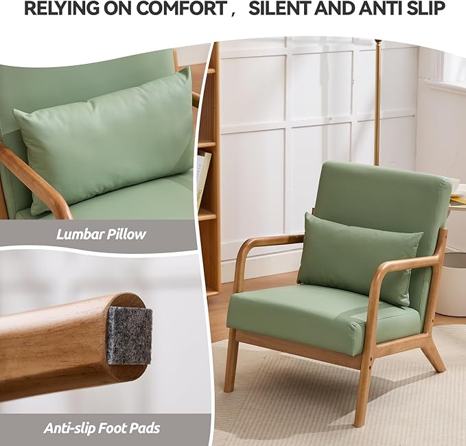 Mid Century Modern PU Leather Accent Chair Living Room Chairs with Lumbar Pillow Boho Arm Chiar Reading Chair with Solid Wood Frame for Living Room Bedroom