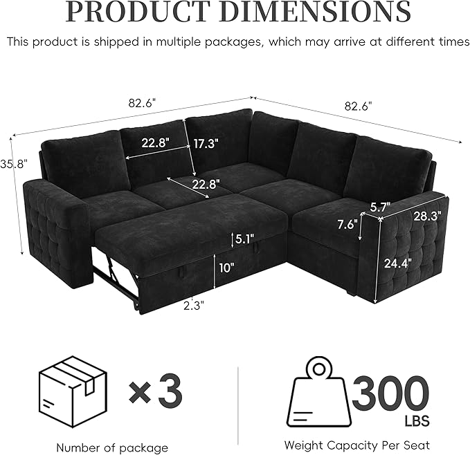 86 Sectional Sleeper Sofa Bed Sleeper Couch with Pull out Bed L Shaped Couch with Storage Modular Sectional Sofa Sectional Couches for Living Room&ampApartment Convertible Sofas Black Couches