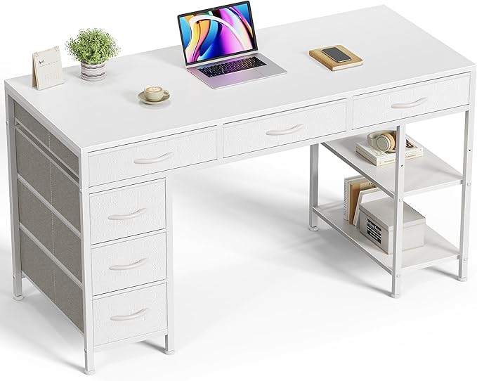 Huuger Computer Desk with 6 Drawers Office Desk with Shelves Reversible Gaming Desk Corner Desk with Storage Work for Home Office Study Living Room 47inch White