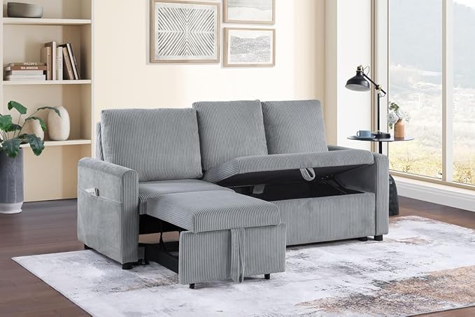 Lilola Home Oswin 70 W Gray Corduroy Fabric Sleeper Sofa with Pull-Out Chaise and Tufted Cushions – Modern Space-Saving Convertible Couch for Small Apartments or Guest Rooms