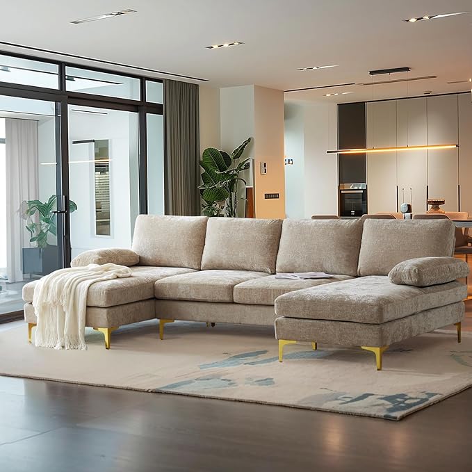 VINGLI 110 Large U-Shape Sectional Sofa Couch with 51 D Double Chaise for Living Room Modern Sectional Couch Set with Soft 5.9 Thickness Seating Padding Chenille FabricMetal Gold Legs(Khaki)