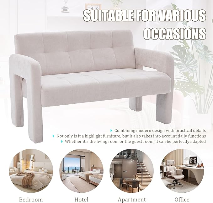 47'' Modern Loveseat Comfortable Small Couch for Two with Chenille Fabric Minimalist Accent Chair for Bedroom Office Entryway Dorm (Beige)