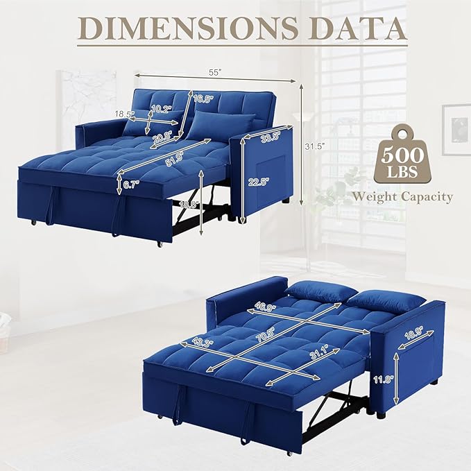 3 in 1 Convertible Sleeper Sofa Couch with Pull Out Bed55 Velvet Upholstered Futon Sofa BedModern Loveseat Sleeper Chaise with Adjustable Backrest for Living Room Guest Room Apartment(Blue)