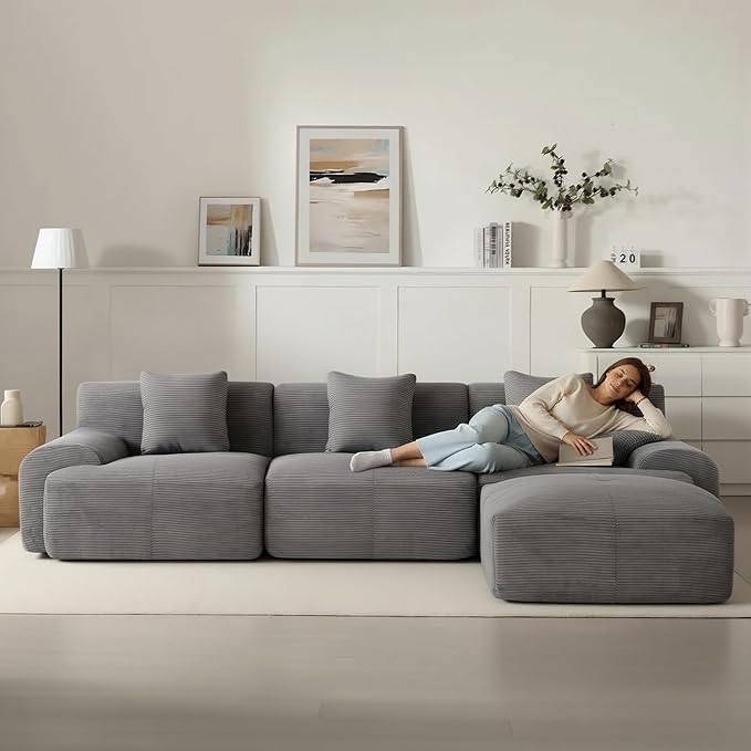 107 Cloud Modular Sectional CouchBoneless Sofa with OttmanL-Shape Upholstered Sofas with Deep SeatModern Cozy Corduroy Couches with Memory FoamNo Assembly Required (Dark Grey)