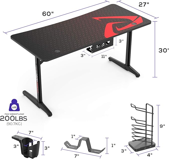 EUREKA ERGONOMIC Gaming Desk 60 inch Computer Desk with Full Mouse Pad Large Gaming Table for 3 MonitorsUSB Handle Rack Cup Holder Headphone Hook Carbon Fiber Black