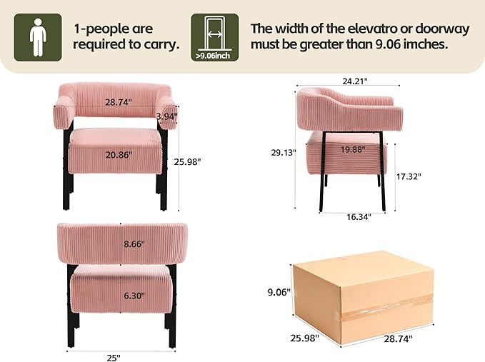 Mistpeople Corduroy Barrel Accent Chair Modern Upholstered Armchair with Metal Legs Cozy Corner Chair for Living Room Bedroom Vanity Office Reading Nook Pink Blackleg