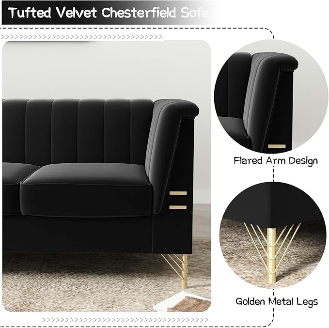 Tomkate 83 Black Velvet Chesterfield Sofa Mid-Century Modern Tufted 3-Seater Couch with Flared Arms Removable Cushions &amp Gold Metal Legs for Living Room (Black)