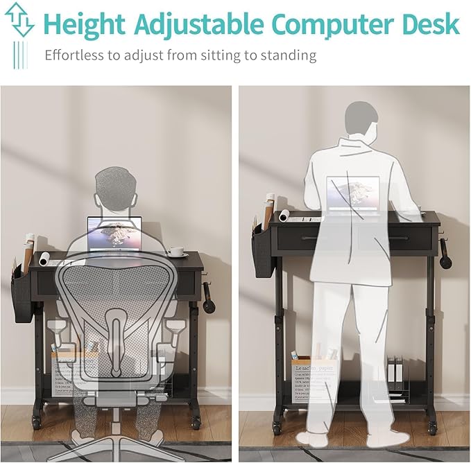 Small Portable Rolling Standing Desk - 32 Inch Adjustable Mobile Stand Up Gaming Desks with 2 Fabric Drawers on Wheels Couch Sofa Side Laptop Table with Storage for Home Office Black