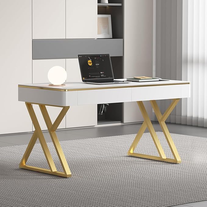 Executive Desk with Drawers White Computer Desk with Drawers with Tempered Glass Top &amp Marble Pattern 47 inch Modern Home Office Desk with Charging Station for Study Living Room Bedroom