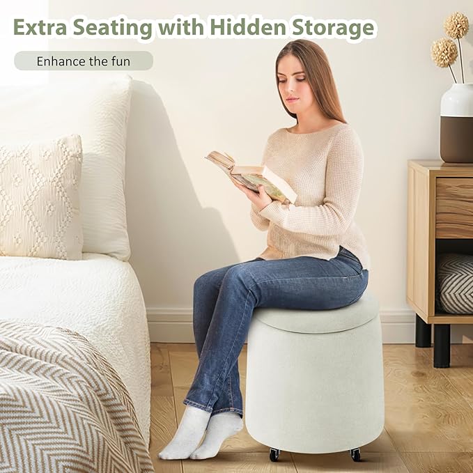 Storage Ottoman with Wheels 15“W Swivel Rolling Foot Stool Boucle Terry Fabric Coffee Table Ottoman with Hidden Storage Round Vanity Stools for Makeup Room Living Room Bedroom Entryway Dorm Beige