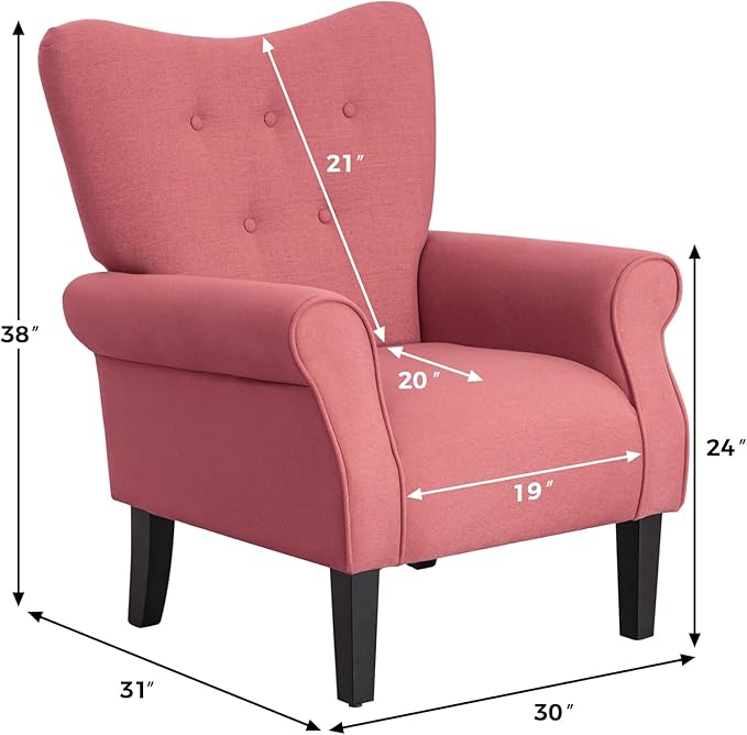 MELLCOM Mid Century Wingback Arm ChairModern Upholstered Fabric High Back Accent Chair with Wood LegsUpholstered Single Sofa Club Chair for Living Room Bedroom Home Office Brick