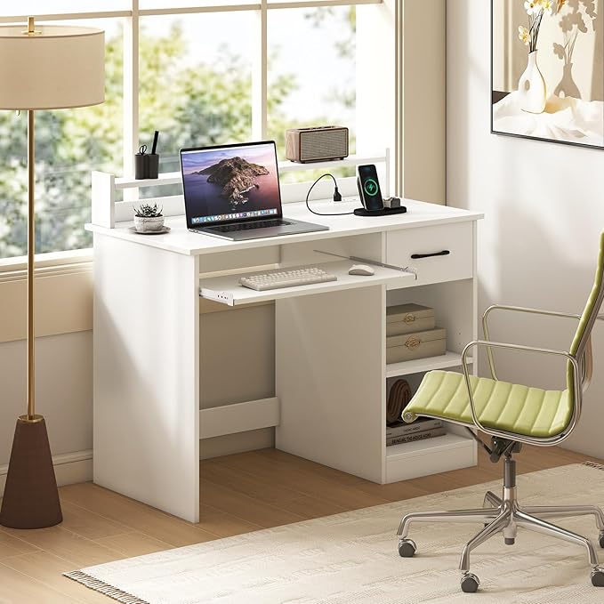 Giantex White Desk with Drawers Modern Home Office Desk with Keyboard Tray Monitor Stand &amp Adjustable Shelf PC Laptop Table Computer Workstation Study Writing Desk for Small Spaces Bedroom