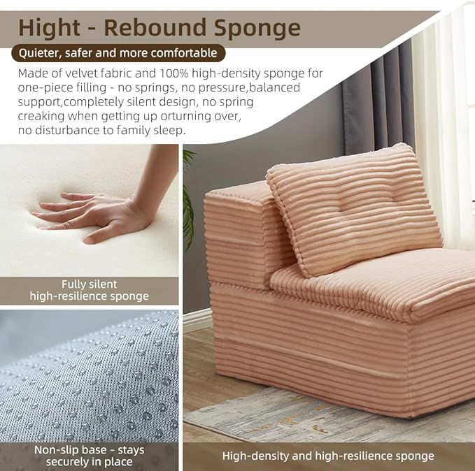 80 Sectional Queen Sleeper Sofa Bed with Independent Chaise Lounge Convertible King Size Sofa Bed with Multi Functional Blanket Corduroy Deep Seat Fluffy Foam Folding Loveseat Couch Pink