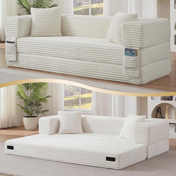 GNIXUU 78.7 Boneless Convertible Sleeper Sofa Bed 4-in-1 Folding Corduroy Futon Couch Bed Oversized Loveseat Modular Floor Mattress Couch for Living Room Bedroom Lounge No Assembly Beige