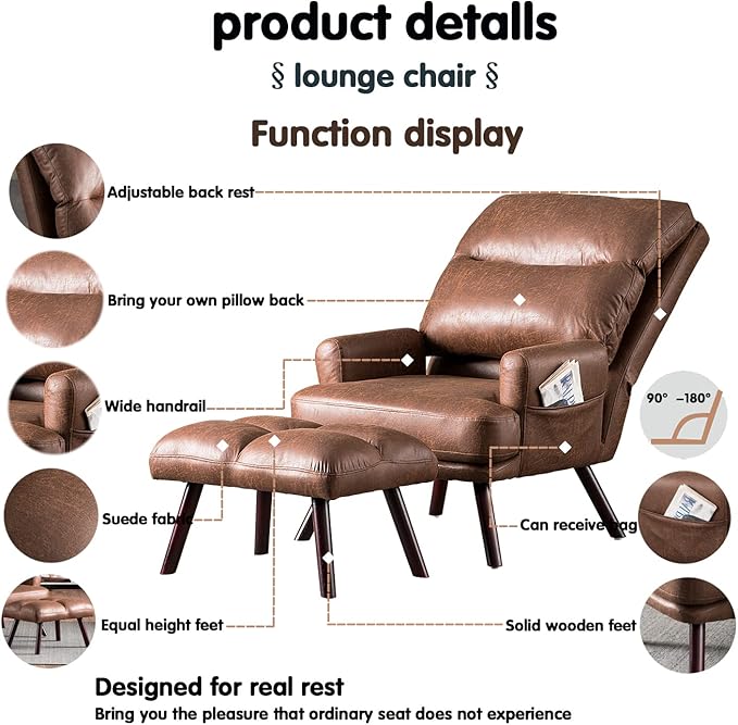 HOOOWOOO Living Room Recliner Chair and Ottoman SetFaux Suede Leather Accent Chairs with OttomanComfy Mid Century Modern Reclining Lounge Chair for Room BedroomDark Brown