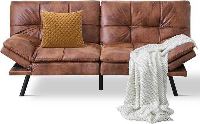 Futon Sofa Bed Convertible CouchMemory Foam Futon Sofa CouchSleeper Futons Sofa CouchesSmall Splitback Modern Loveseat Sofa Bed for Living RoomOfficeApartmentFaux LeatherBrown.