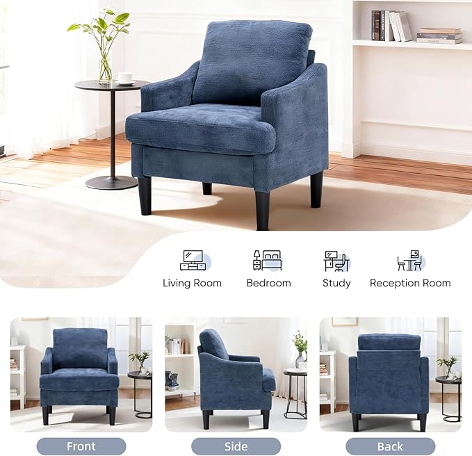 Mid-Century Modern Accent ChairBlue Armchair Comfy Living Room ChairsSofa Chair for Bedroom Apartment Studio Waiting Room Ideal as Readingchair with Plastic Legs