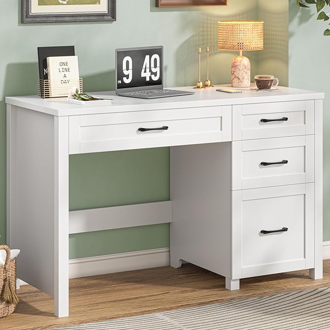 Farmhouse 47 Executive Desk with 4 Drawers Computer Desk with File Drawer Workstation for Study Home OfficeCream White.