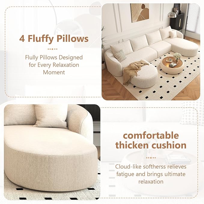 138.6 Modular Sectional Couches Luxury Modern Curved Back U-Shape Sofa Set with OttomanMinimalist Comfy Boneless Cloud Couch for Living Room Apartment(Right Facing ChaiseWhite)