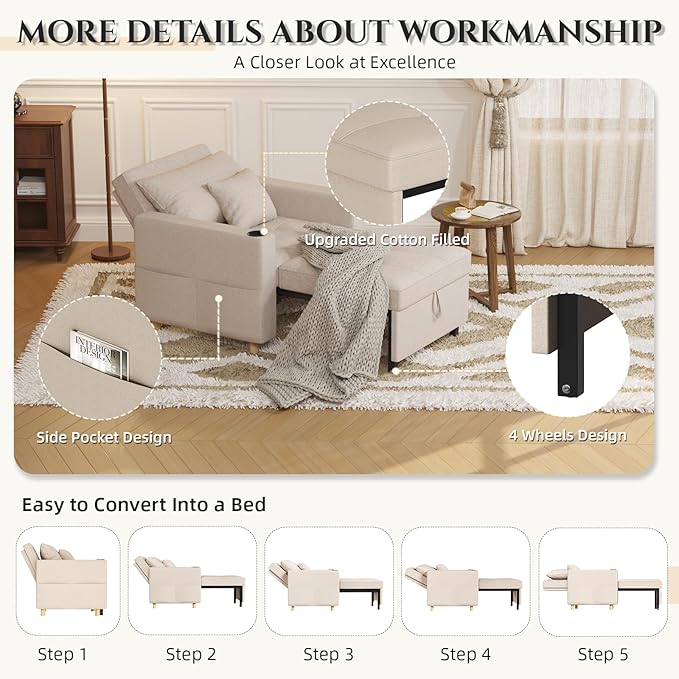 YODOLLA Sleeper Chair 38 Extra Wide Convertible Chair Bed Upgraded 3-in-1 Pull Out Single Sofa with Adjustable Backrest Cup Holder Pocket for Adults for Living Room Apartment Small Space Beige