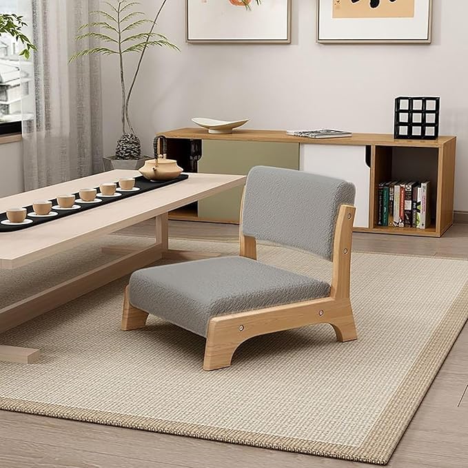 Japanese Floor Chair with Back SupportLow-Back Meditation Floor Seat with Soft CushionPortable Wood Armless Tatami Chair Meditation Living Room Bedroom Bay WindowReading