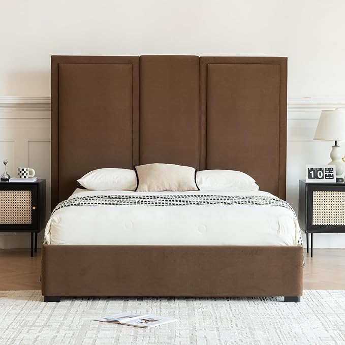 YUHUASHI Queen Size Bed Frame with 64-inch High Headboard Simple and Airy Linen Upholstered Platform Bed with Storage Drawers Wood Slat No Noise (Brown Queen)