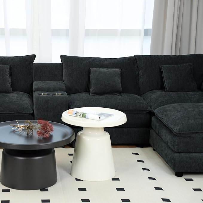 Oversized L-Shaped Modular Sectional Sofa with Storage Armrest Reversible Couch with Movable Ottoman USB Ports Cup Holders 360°Swivel Tray Comfy Cloud Cushions for Living Room (Black 144.49)