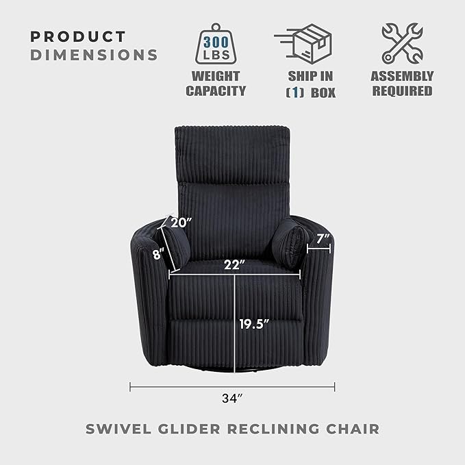 Lexicon Modern Swivel Glider Recliner Chair Nursery Glider Corduroy Fabric Upholstery Recliner with 2 Lumbar Pillows Manual Reclining Sofa Chair for Living Room/Office/Apartment Black