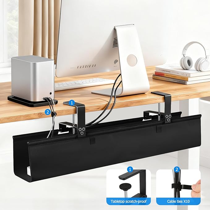 Under Desk Cable Management Tray - Heavy Duty No-Drill Clamp &amp Screw Mount 28-Inch Cord Organizer for Home Office Gaming Setup &amp Study Room Holds Power Strip &amp Large Adapters (Black 28