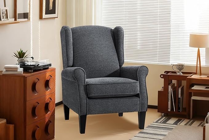 Dark Grey Accent Chairs Modern Living Room Single Wingback Sofachair Classic Bedroom High Back Reading Seats Bussiness Upholstered Arm Chairs for Office Guest Room