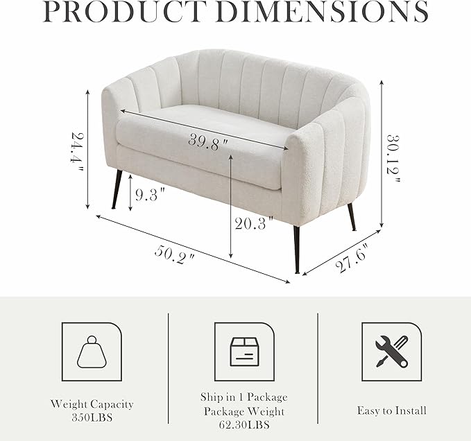 Aoiy &amp Wifon 50.2'' W Upholstered Loveseat Sofa Boucle 2-Seat Settee Loveseat with Metal Legs Upholstered Small Accent Couch for Small Spaces Raindrop Velvet Chenille Fabric Ivory