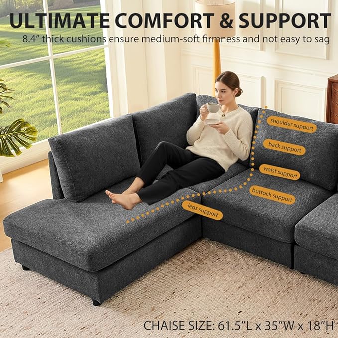 100 L-Shaped Couch with Reversible Chaise Chenille Modular Sectional Sofa 4-Seater Corner Couch for Living Room Apartment Dark Grey