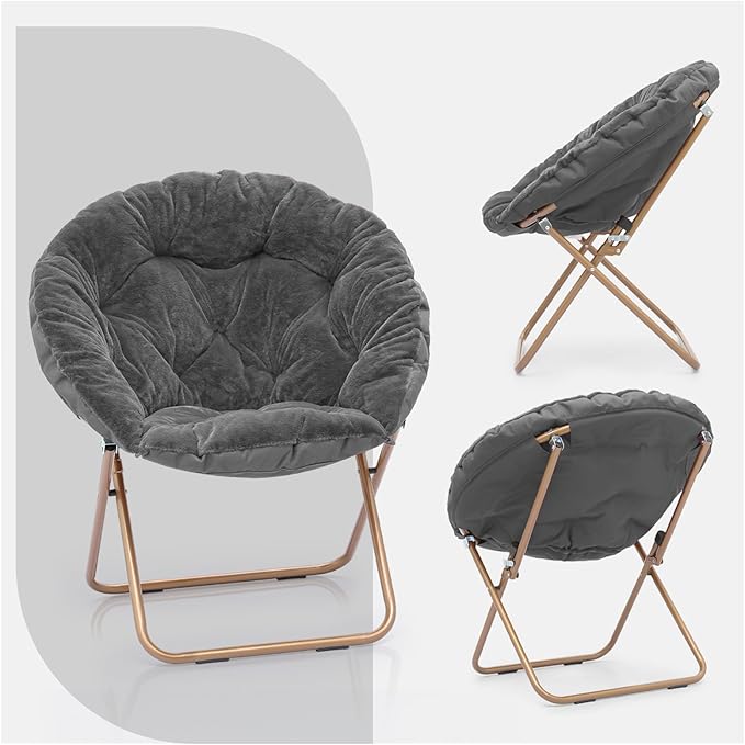 Round Saucer Chair for Teens and Adults Faux Fur Folding Living Room Cozy Moon Chair (Gray)