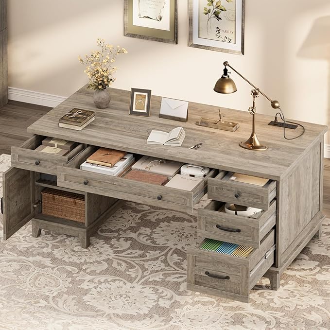 60 Inch Farmhouse Computer Desk with Charging Station &amp File Cabinet Wooden Office Desk with Power Outlets USB Ports and Ample Storage Drawers for Home Workspace Executive Writing Table.