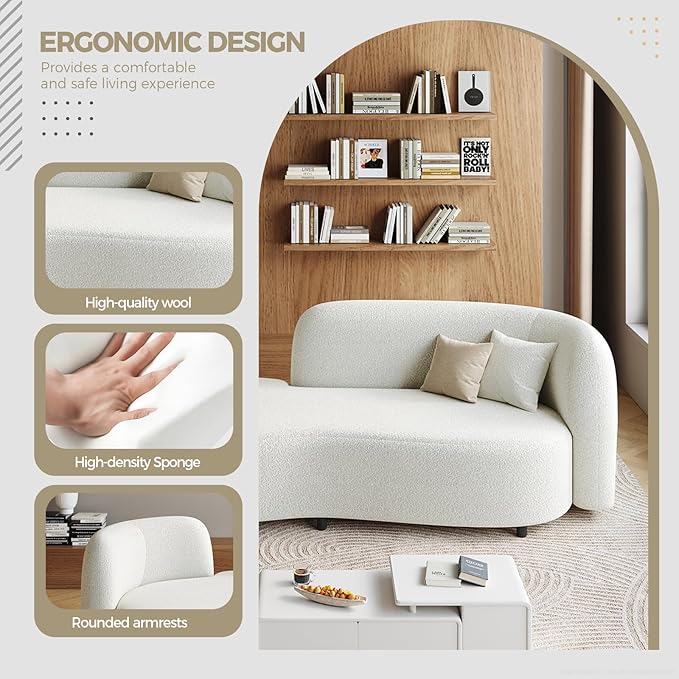 Sherpa Curved Loveseat Sofa Modern Upholstered Couch with Solid Wood Frame Thick Foam Cushion Compact Comfy Sofa for Apartment Living Room or Office – Ivory White