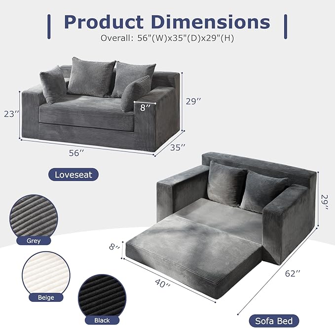 Convertible Sofa Bed Boneless Couch Loveseat Sleeper 2 in 1 Folding Couch Bed Fold Out Comfy Floor Futon Sofa with Pillows for Living Room Bedroom Grey