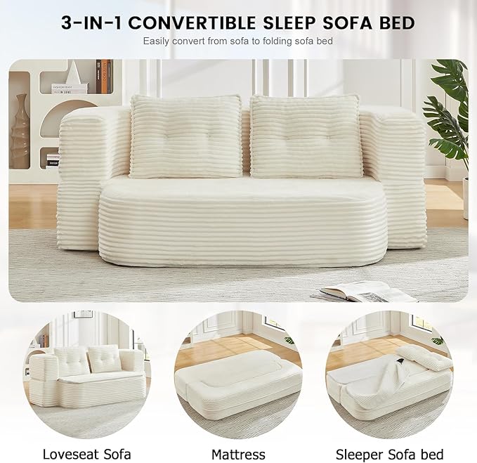 78.4 Convertible Sleeper Sofa Bed Floor Couch Loveseat with Functional Blanket and 2 Soft PillowsCorduroy Fabric Boneless Futon Couch for Living RoomBedroomApartment(Beige)