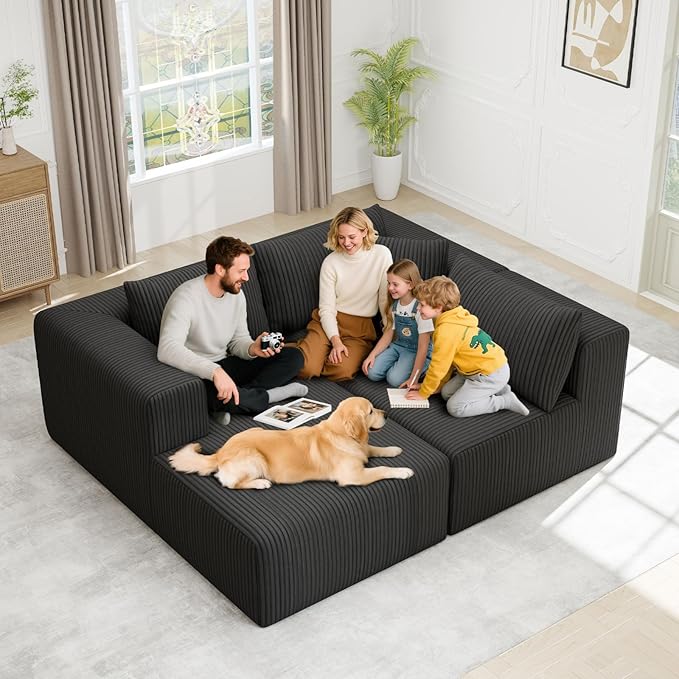 109 Modular Sectional SofaBoneless Couch for Living RoomCloud Sectional Couch with Deep SeatModular L-Shape Sofa with ChaiseNo Assembly RequiredBlack(Plush Corduroy Fabric)