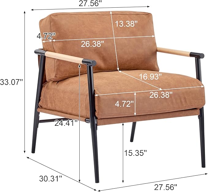 Modern Minimalist Accent Chair Soft Polyester Fabric with Metal Frame and Wood Armrests Living Room Bedroom Office Seating (Brown)
