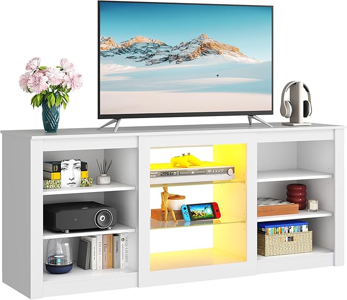 WLIVE Modern TV Stand for 65 Inch TV Entertainment Center with Adjustable Open Shelves &amp RGB LED Lights Sturdy Media Console for Living Room BedroomGaming (White)