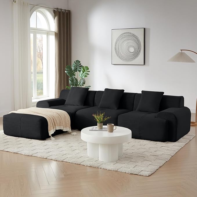110 Cloud Sectional Couches for Living Room Modern Modular L-Shape Sofa Couch with Chaise 3 Seater Modular Sectional SofaNo Assembly Required (114Black)