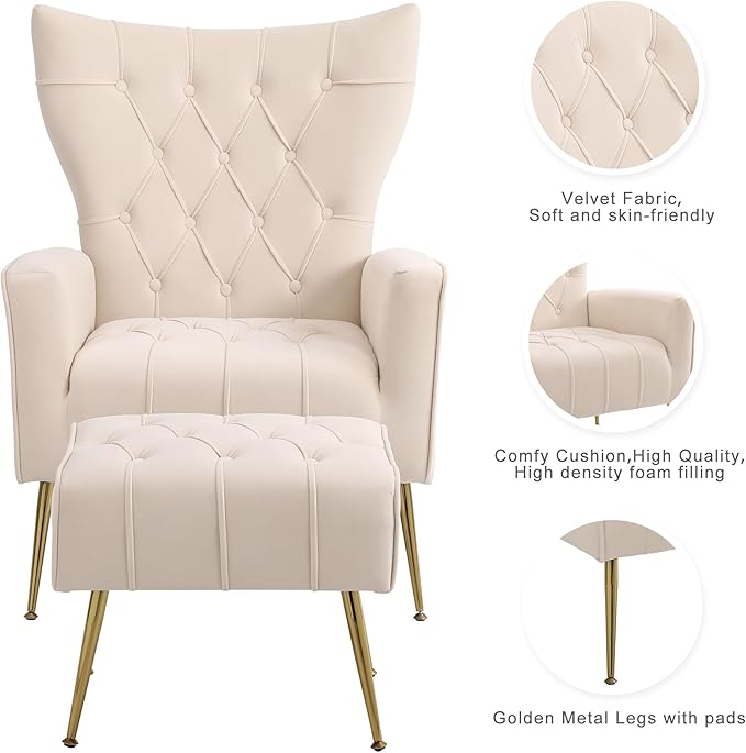 Velvet Accent Chair with OttomanUpholstered Tufted Wingback Arm Chair Modern Decorative Chairs with Gold Metal Legs for Bedroom Living Room (White1 Chair)