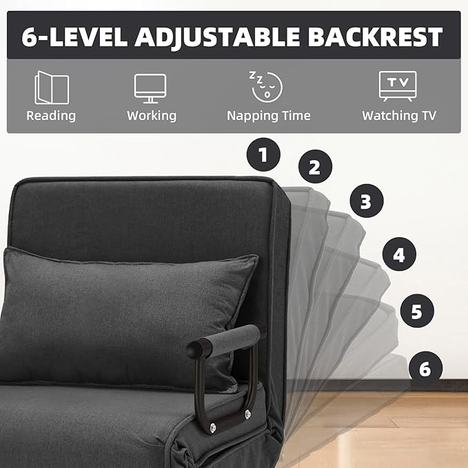 Folding Sofa Bed Sleeper Chair3-in-1 Single Convertible Sofa with Adjustable BackrestLazy Bed Leisure Recliner with PillowTri-fold Upholstered Armchair (Dark Gray Large)